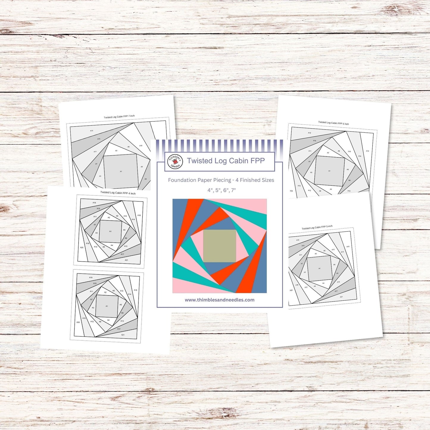 Twisted Log Cabin FPP Foundation Paper Piecing quilt block pattern Digital Download