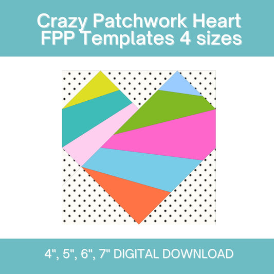 Crazy Patchwork Heart FPP Foundation Paper Piecing quilt block pattern Digital Download