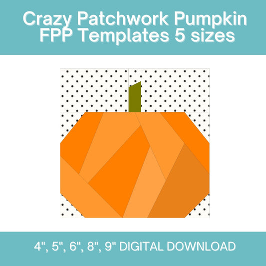 Crazy Patchwork Pumpkin FPP Foundation Paper Piecing quilt block pattern Digital Download