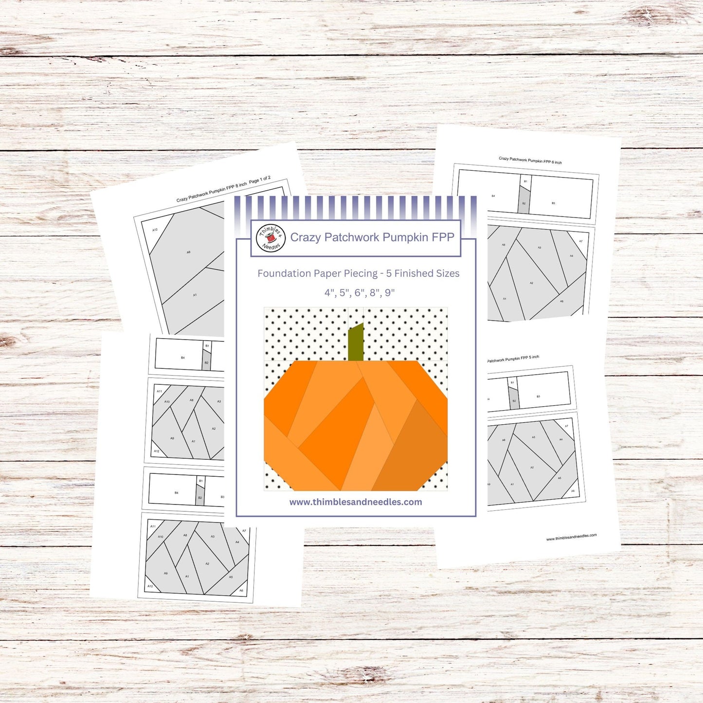 Crazy Patchwork Pumpkin FPP Foundation Paper Piecing quilt block pattern Digital Download
