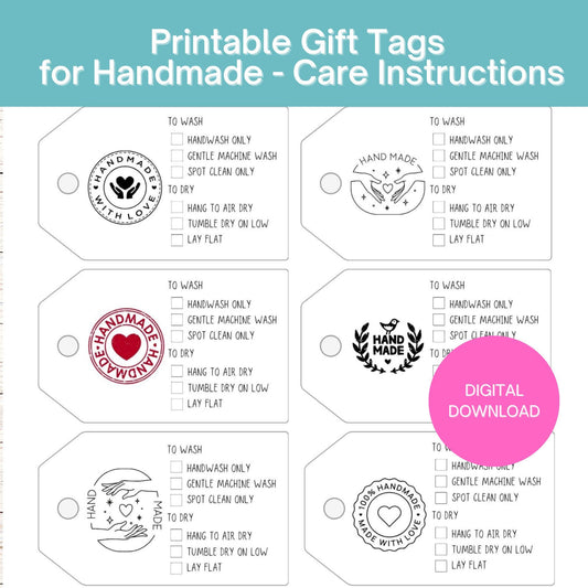 Printable Care Instruction Gift Tags for Handmade knit crochet quilt Items – Set of 8 Tags, 3" x 2.25" PDF