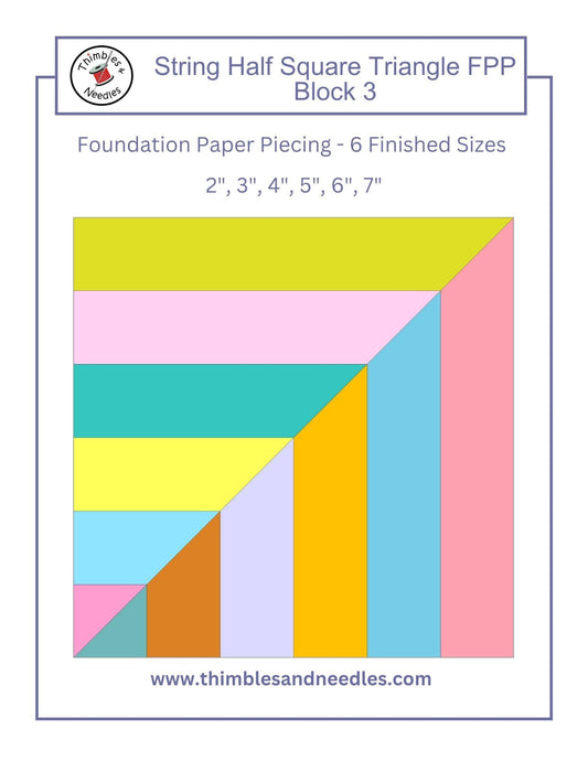String Half Square Triangle Block 3 FPP Foundation Paper Piecing quilt block pattern Digital Download