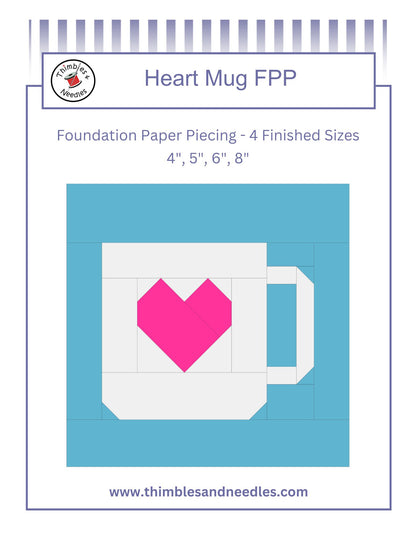 Heart mug paper piecing pattern with Thimbles and Needles logo on a blue background