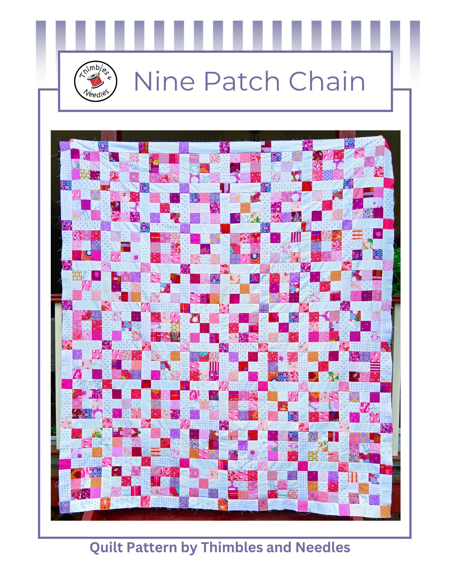 Pink and Purple Nine patch scrappy quilt pattern