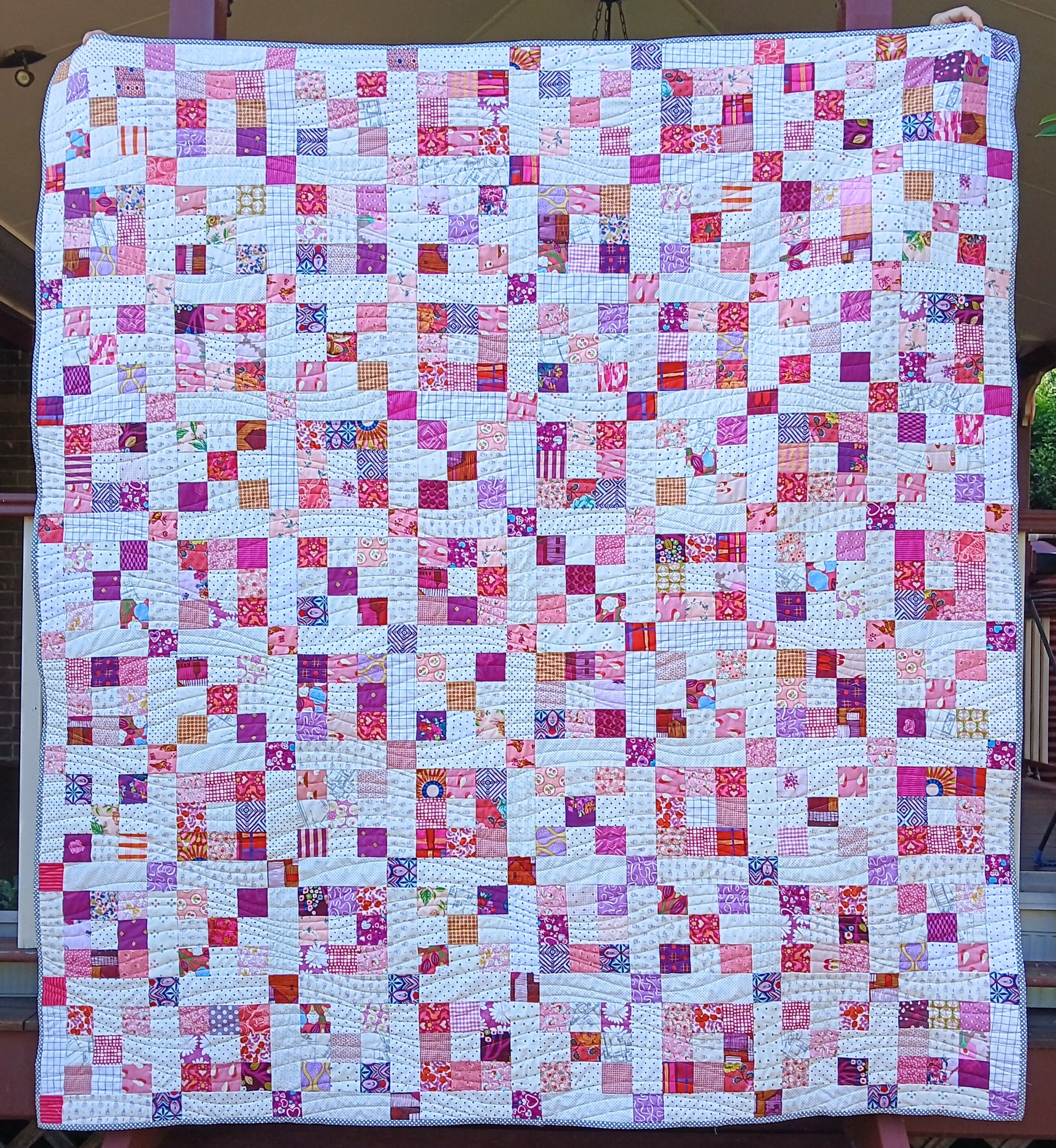 Pink and Purple Nine patch scrappy quilt pattern