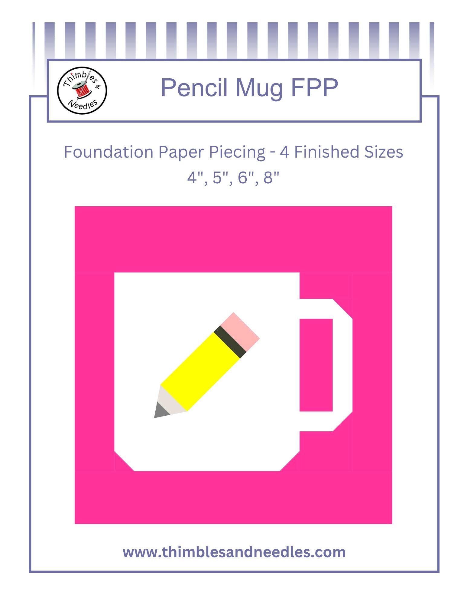 Pencil mug and pencil design on a pink background with 'Thimbles and Needles' branding.