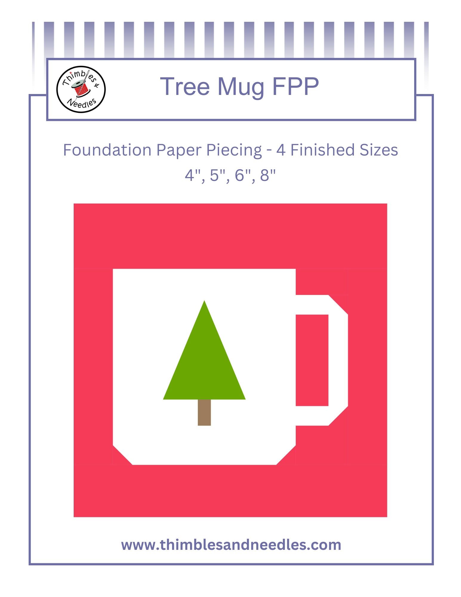 Pattern for a mug with a tree design on a red background, featuring 'Thimbles and Needles' branding.