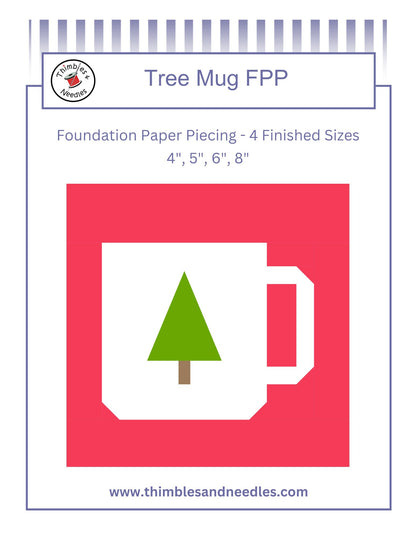 Pattern for a mug with a tree design on a red background, featuring 'Thimbles and Needles' branding.