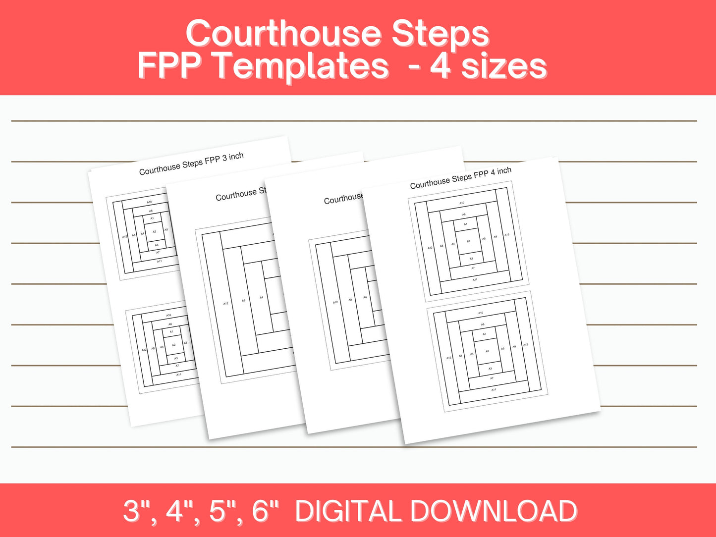 Courthouse Steps Foundation Paper Piecing FPP quilt block pattern Digital Download