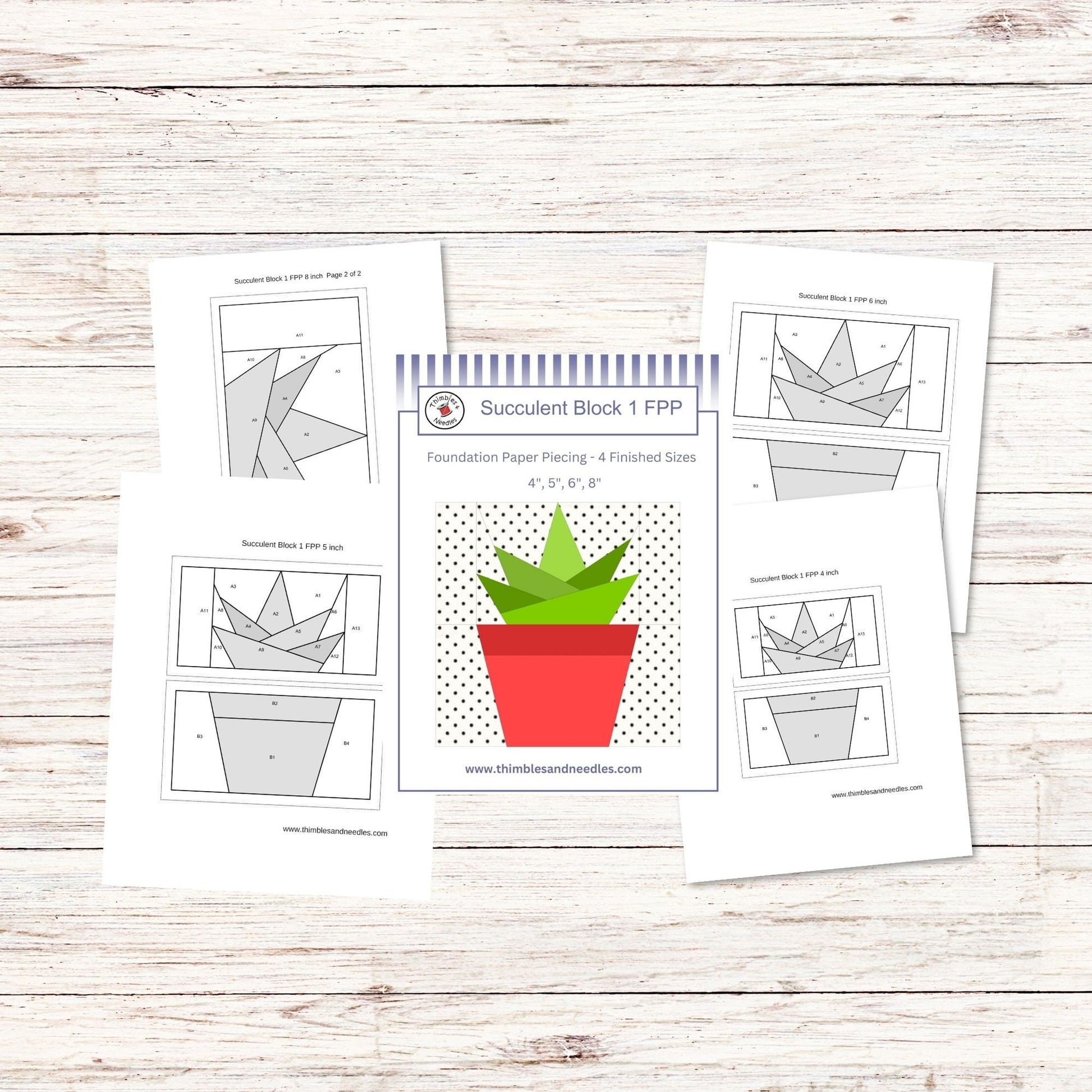 Succulent Block 1 FPP Foundation Paper Piecing quilt block pattern Digital Download