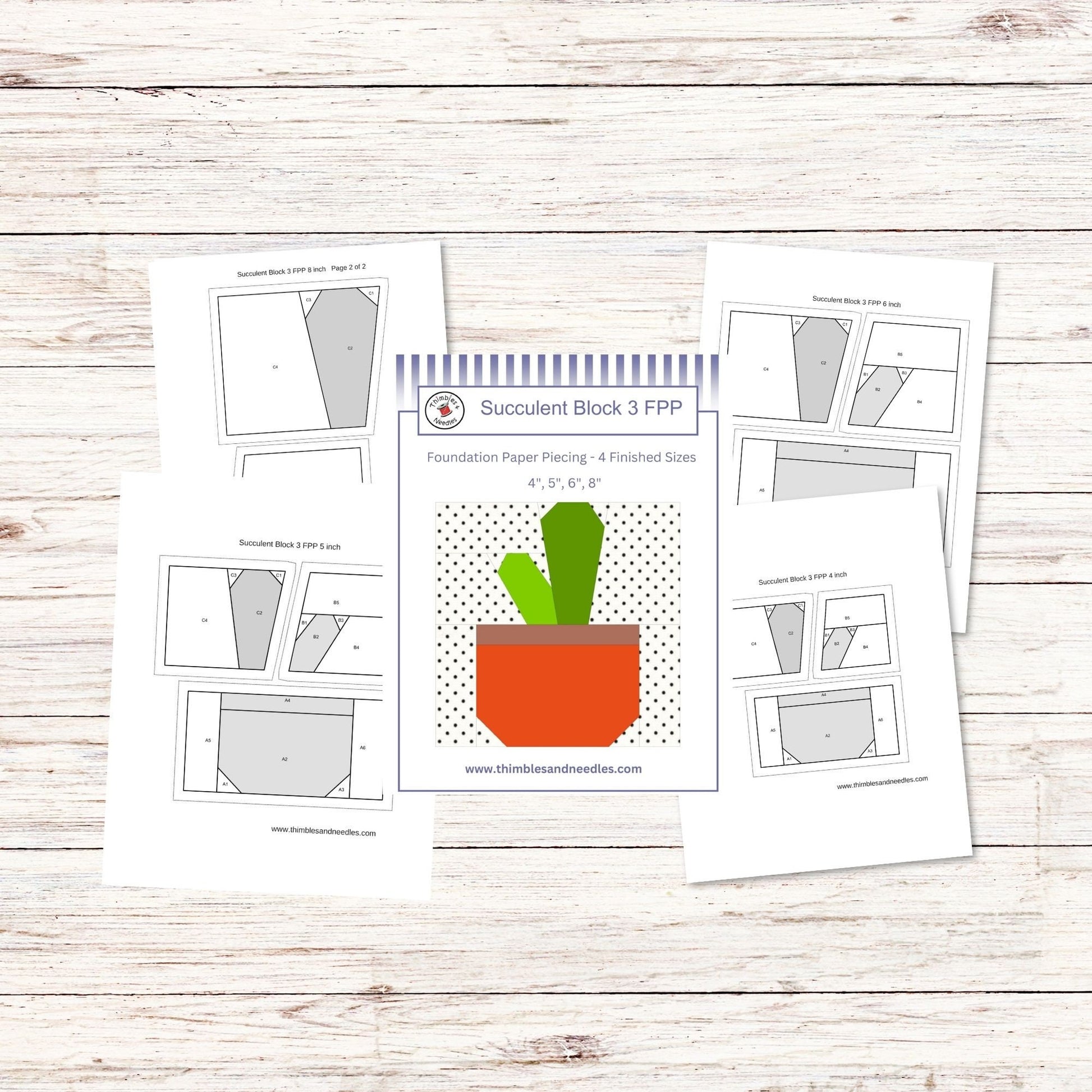 Succulent Block 3 FPP Foundation Paper Piecing quilt block pattern Digital Download