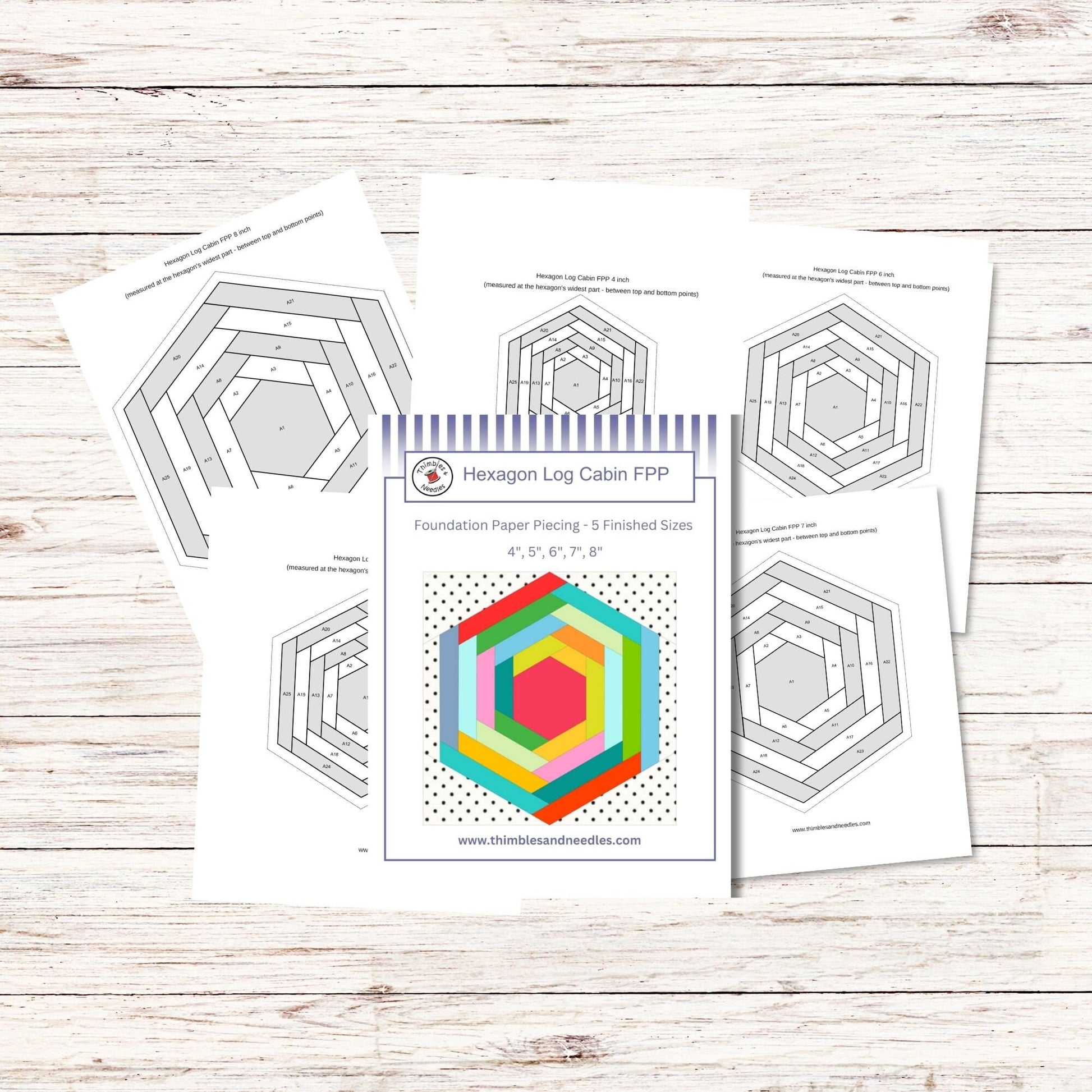 Hexagon Log Cabin FPP Foundation Paper Piecing quilt block pattern Digital Download