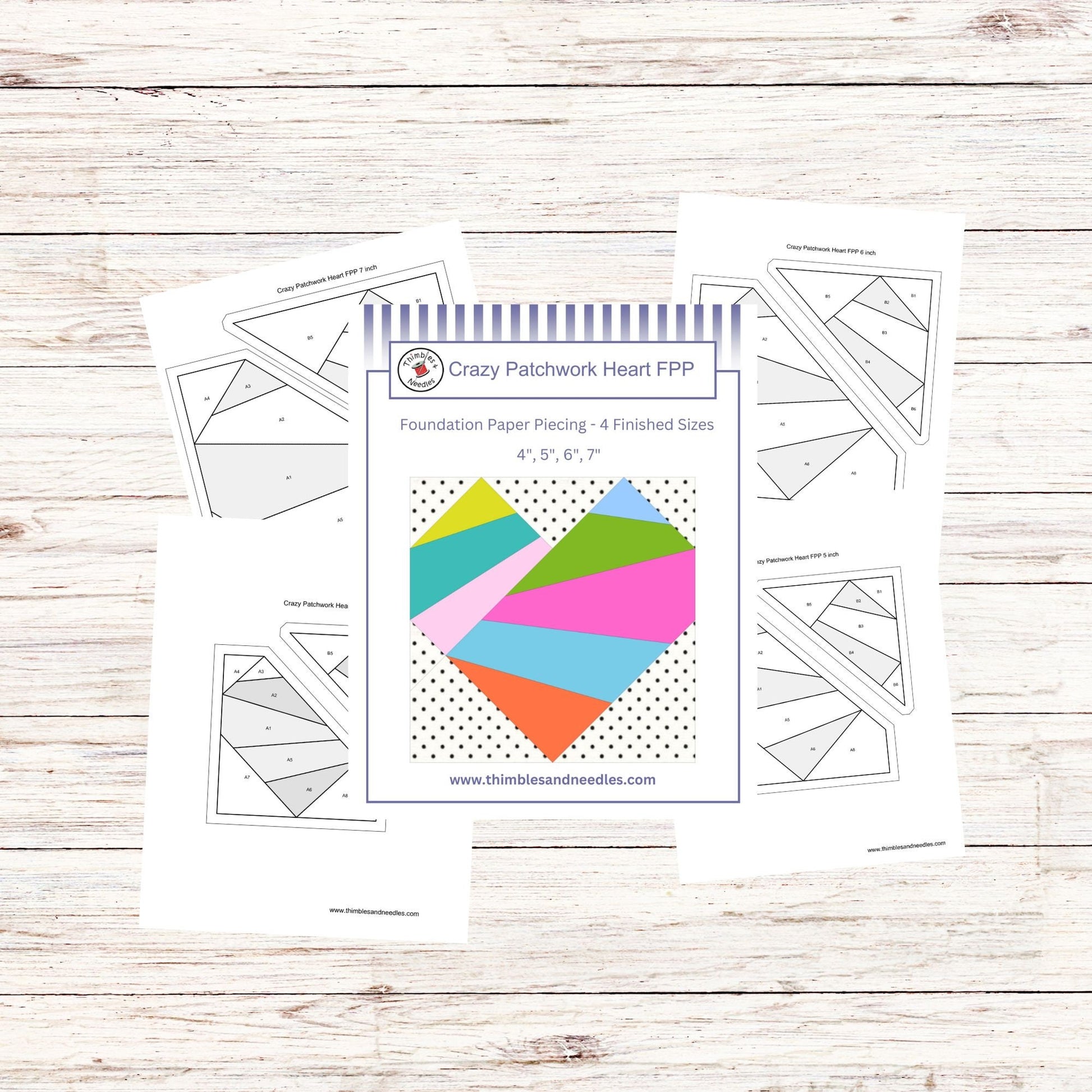 Crazy Patchwork Heart FPP Foundation Paper Piecing quilt block pattern Digital Download