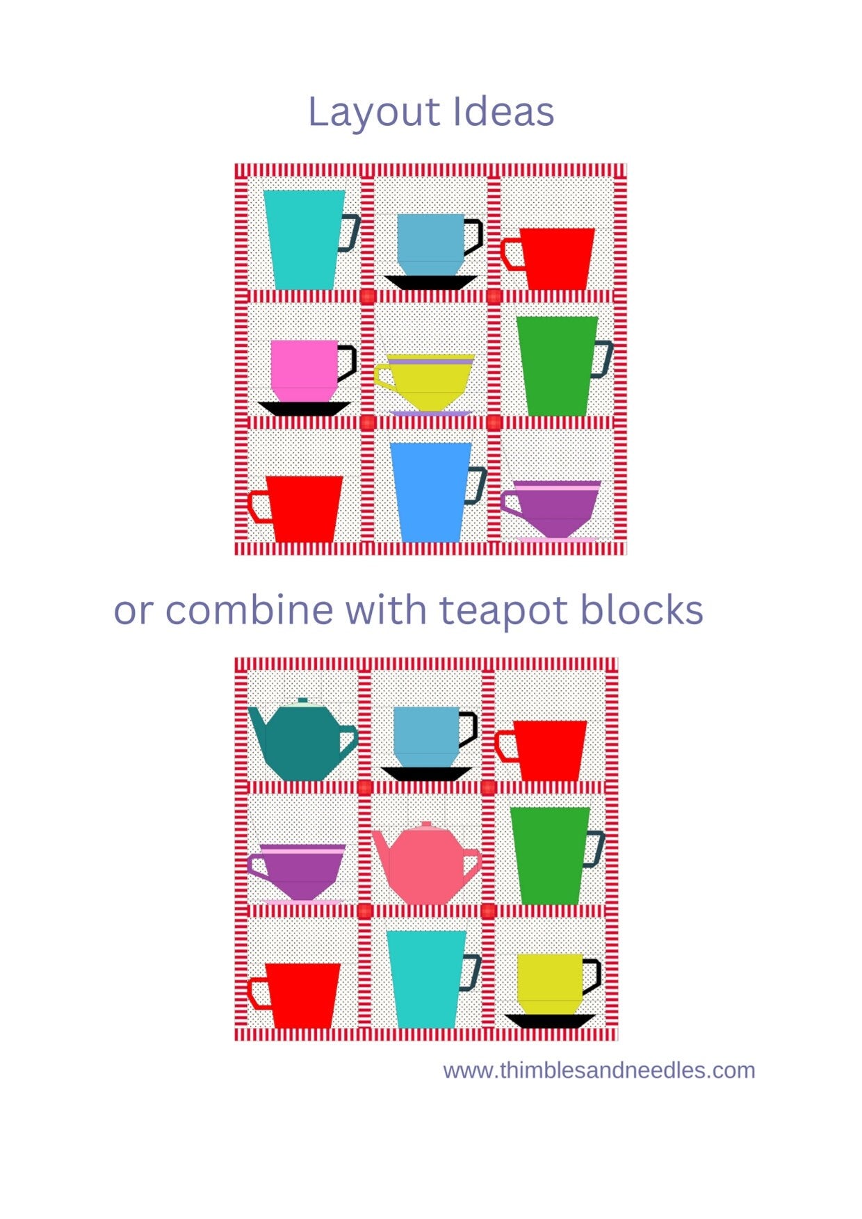 Teacups and Mugs FPP Foundation Paper Piecing quilt block pattern Digital Download