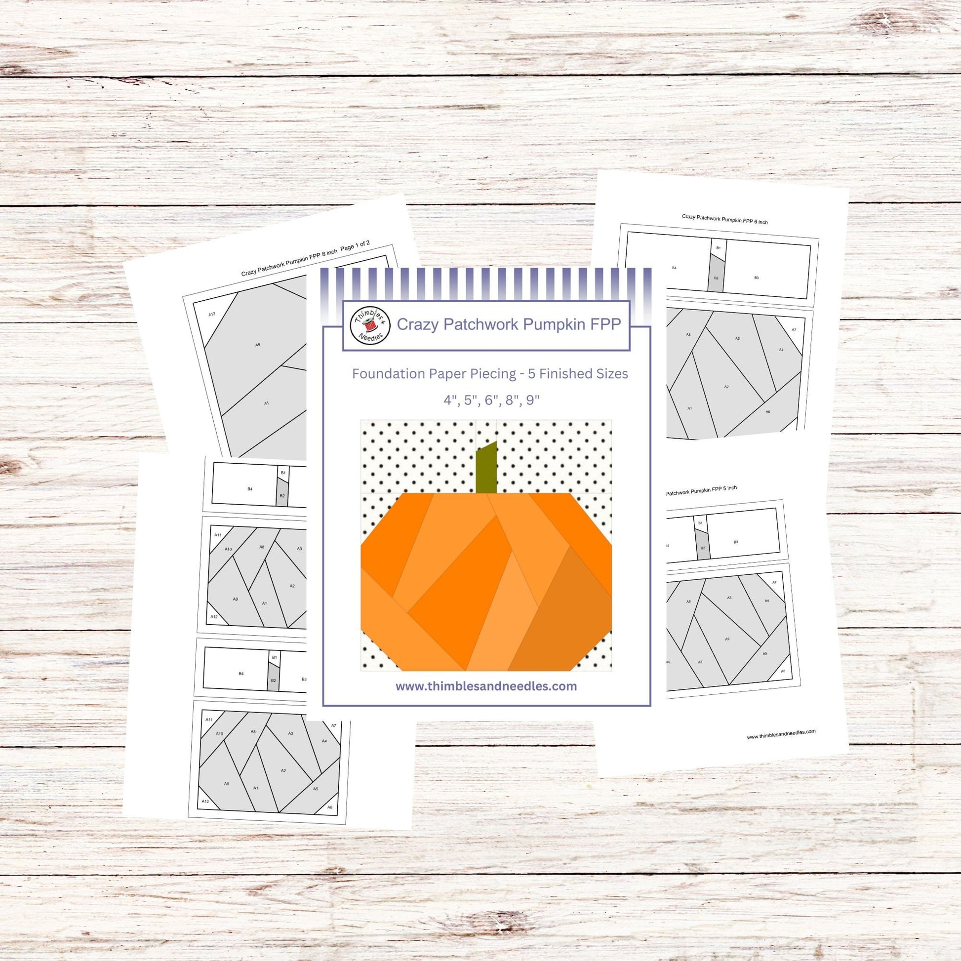 Crazy Patchwork Pumpkin FPP Foundation Paper Piecing quilt block pattern Digital Download
