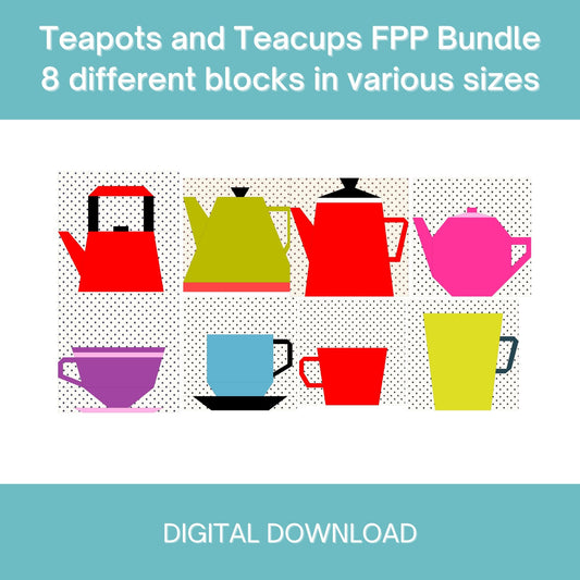Teapots and Teacups Blocks FPP Foundation Paper Piecing quilt block pattern Digital Download