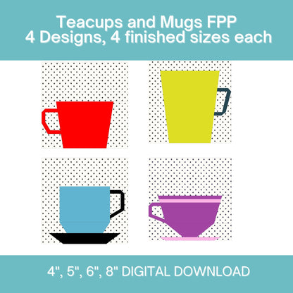 Teapots and Teacups Blocks FPP Foundation Paper Piecing quilt block pattern Digital Download