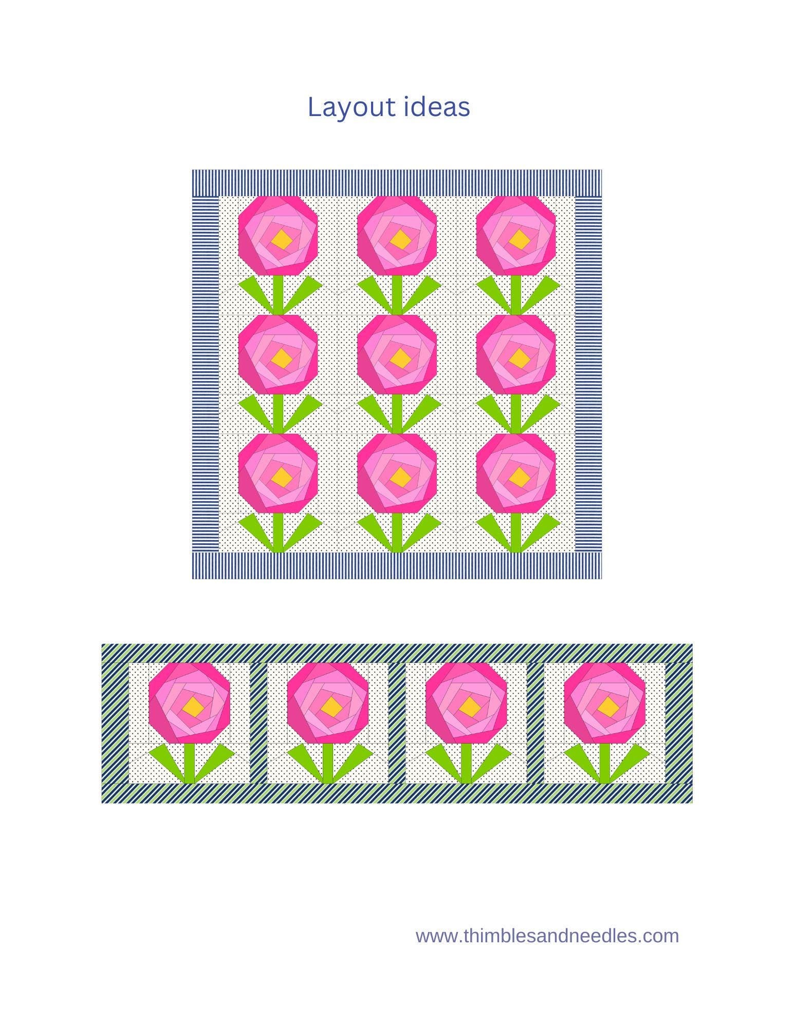 Rose FPP Foundation Paper Piecing quilt block pattern Digital Download