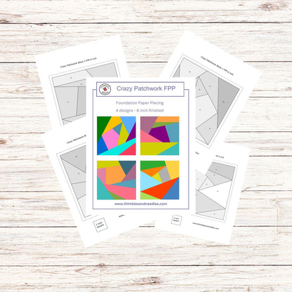 Crazy Patchwork 4 Block Bundle FPP Foundation Paper Piecing quilt block pattern Digital Download