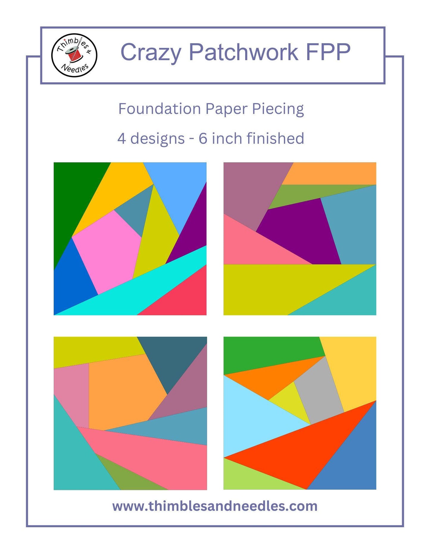 Crazy Patchwork 4 Block Bundle FPP Foundation Paper Piecing quilt block pattern Digital Download