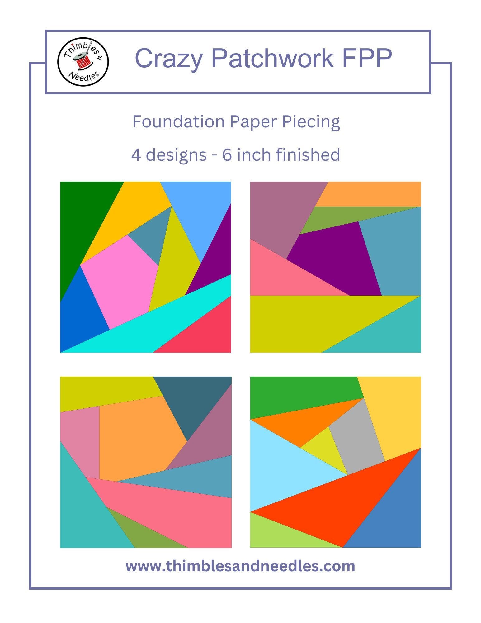 Crazy Patchwork 4 Block Bundle FPP Foundation Paper Piecing quilt block pattern Digital Download