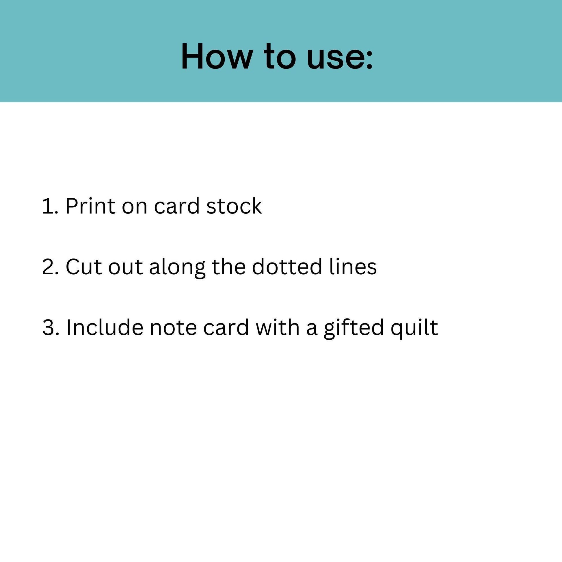 Printable Quilt Care Note Cards – Set of 4 Designs, 4" x 5" Gift Tags PDF