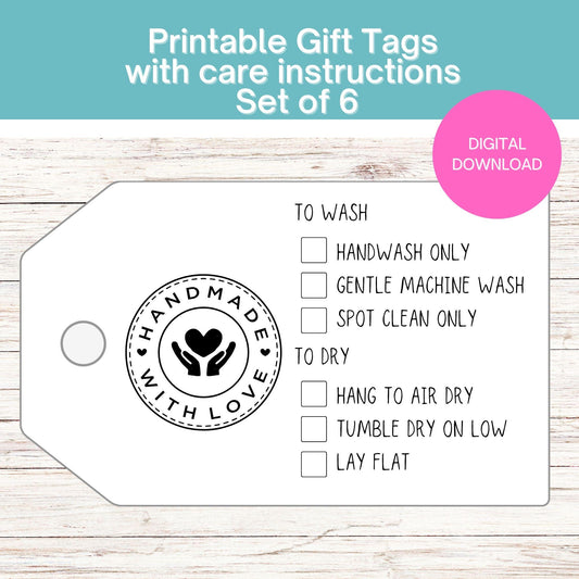 Printable Care Instruction Gift Tags for Handmade knit crochet quilt Items – Set of 8 Tags, 3" x 2.25" PDF