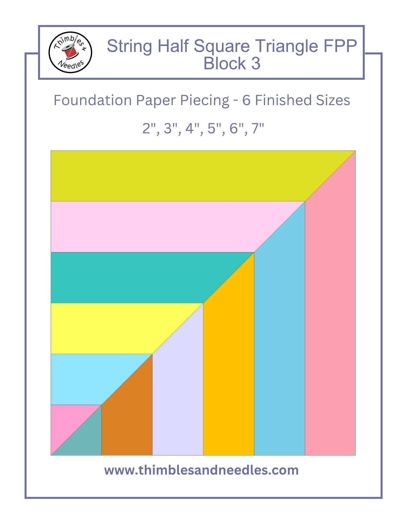 String Half Square Triangle Block 3 FPP Foundation Paper Piecing quilt block pattern Digital Download