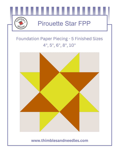 Foundation paper pieced Pirouette Star quilt block pattern by Thimbles and Needles